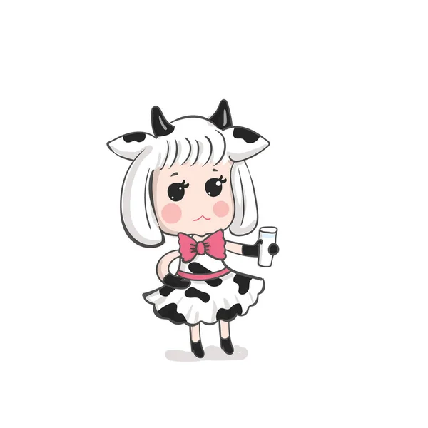 一个穿着奶牛服装的可爱女孩拿着一杯牛奶 Kawaii卡通 — 图库矢量图片