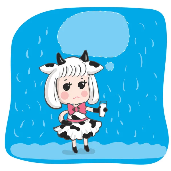 Une Jolie Fille Costume Vache Tient Verre Lait Caricature Kawaii — Image vectorielle