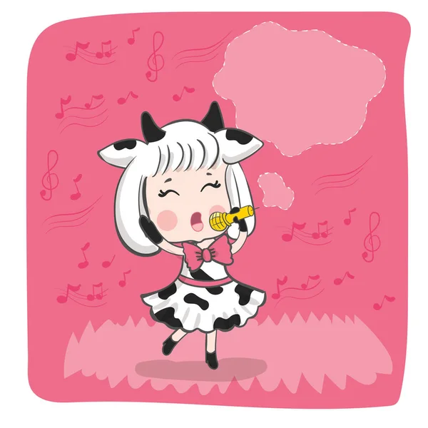 Jolie Fille Chantant Karaoké Dans Costume Vache Caricature Kawaii — Image vectorielle