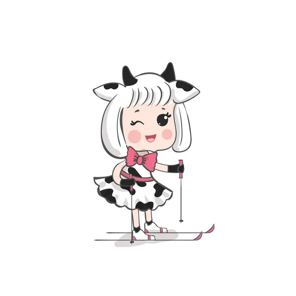 一个穿着奶牛服装的可爱女孩在滑雪 Kawaii卡通 — 图库矢量图片