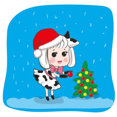 İnek gibi giyinmiş şirin küçük kız Noel ağacını süslüyor. Kawaii çizgi filmi.