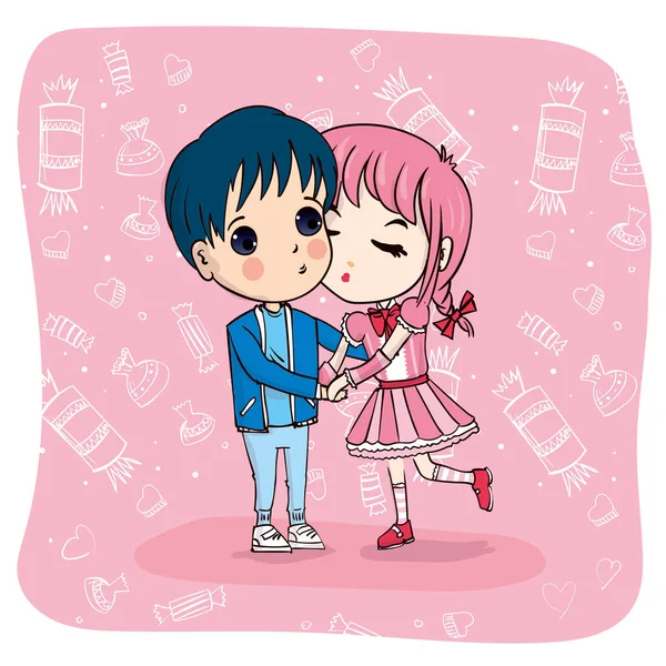 Pretty Girl Kisses Boy Kawaii Chibi Valentine Day — Stock Vector