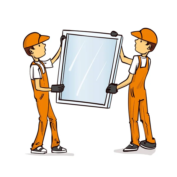 Plastfönster Installation Sammansättning Med Två Mens Inställning Fönster Lägenheten Vektor — Stock vektor