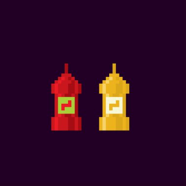 Bir şişe ketçap, hardal. Piksel simgesi. Piksel sanatı. Eski bilgisayar grafikleri. 8 bit video oyunu. Oyun varlıkları 8-bit.