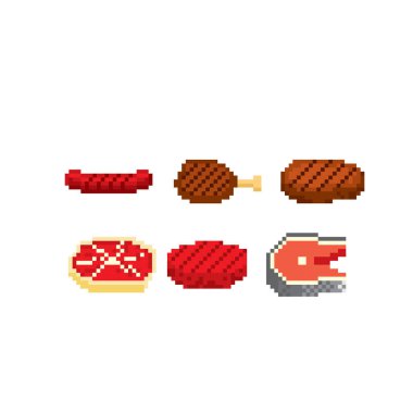 Balık, et, tavuk, biftek, domuz eti, biftek, sosis. Barbekü eti. Piksel simgesi. Piksel sanatı. Eski bilgisayar grafikleri. 8 bit video oyunu. Oyun varlıkları 8-bit.