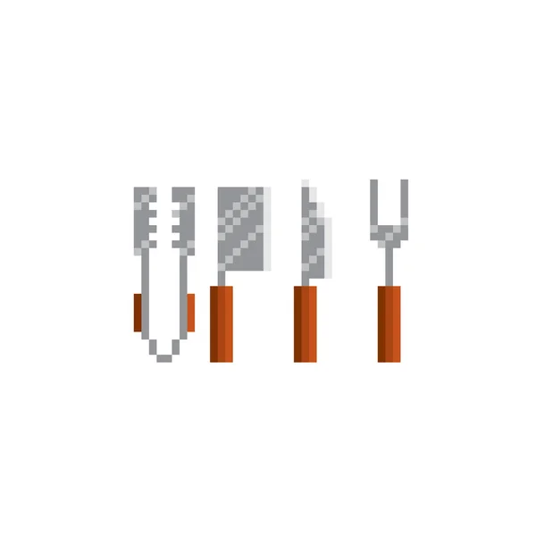 Cuchillo Tenedor Pinzas Personal Barbacoa Icono Del Píxel Pixel Art — Vector de stock