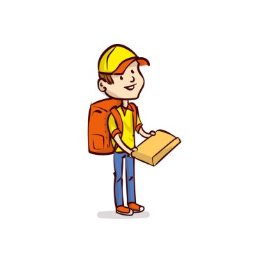 Kurye. Teslimatçı. Sırt çantalı genç bir adam bir kutu tutuyor. Bir ergen için çalışıyorum. Gençler tatilde çalışır. El çizimi çizgi film vektörü.