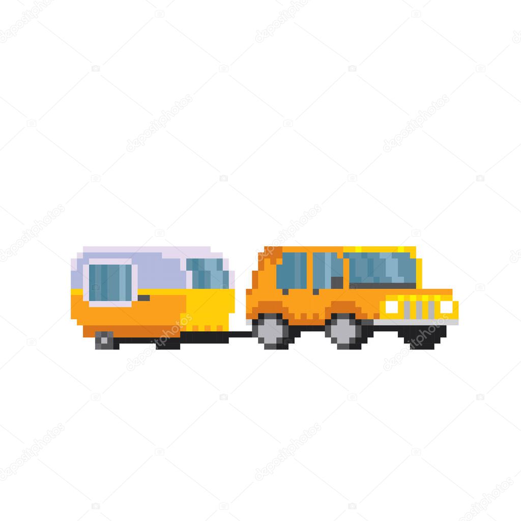 Camper trailer family camping trip. Vehicle, transport and sleeping accommodation, traveling motor home. Pixel art. Old school computer graphic. 8 bit video game. Game assets 8-bit sprite. 16-bit.