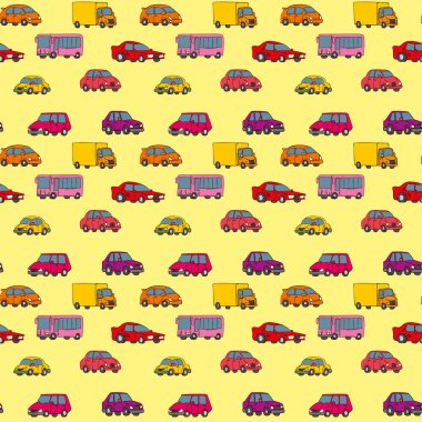 Güzel arabaları, otobüsleri ve kamyonları olan kusursuz bir model. Çocuklar için renkli otomobillerle el çizimi desen.