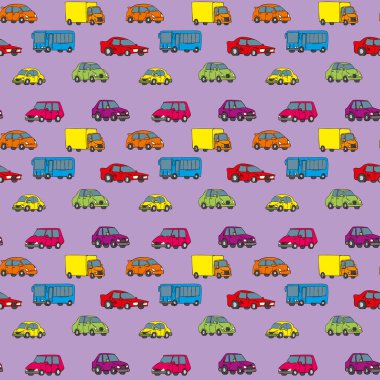 Güzel arabaları, otobüsleri ve kamyonları olan kusursuz bir model. Çocuklar için renkli otomobillerle el çizimi desen.