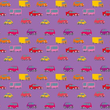 Güzel arabaları, otobüsleri ve kamyonları olan kusursuz bir model. Çocuklar için renkli otomobillerle el çizimi desen.