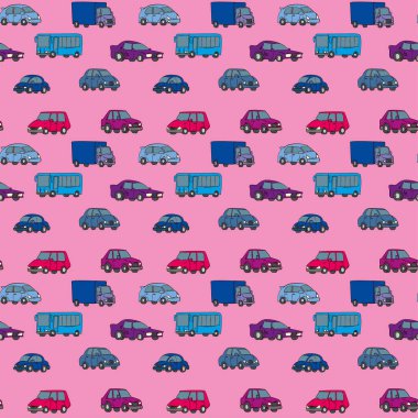 Güzel arabaları, otobüsleri ve kamyonları olan kusursuz bir model. Çocuklar için renkli otomobillerle el çizimi desen.