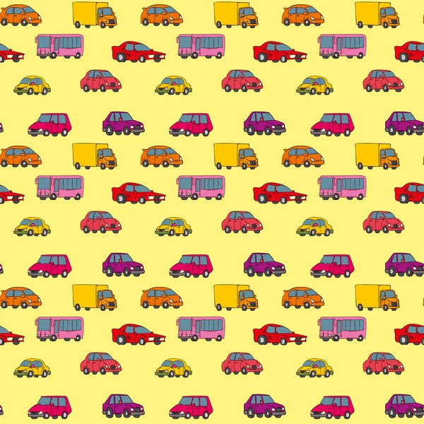 Бесшовный Рисунок Симпатичными Автомобилями Автобусами Грузовиками Ручной Рисунок Красочными Автомобилями — стоковый вектор