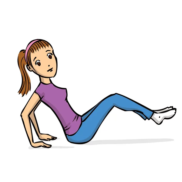 Chica haciendo ejercicios deportivos en casa. Ilustración vectorial dibujada a mano . — Vector de stock
