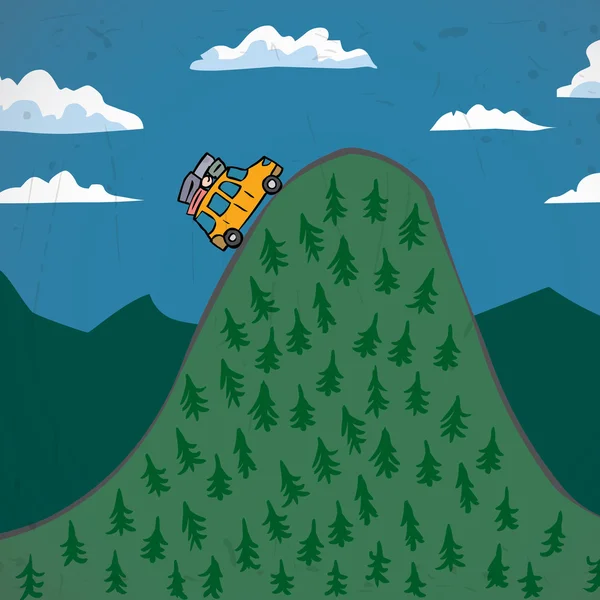 El çekilmiş aile otomobili çok zor bagajlı dağ çağırır. karikatür vektör çizim. — Stok Vektör