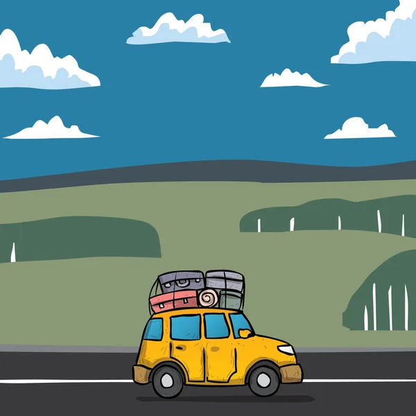 Ručně tažené rodinné auto s kufry jde na výlet. kreslené vektorové ilustrace. — Stockový vektor