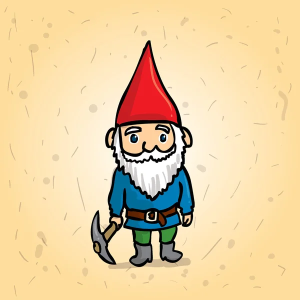 Hand getekend tuin gnome met een pick in zijn hand. Cartoon vectorillustratie. — Stockvector