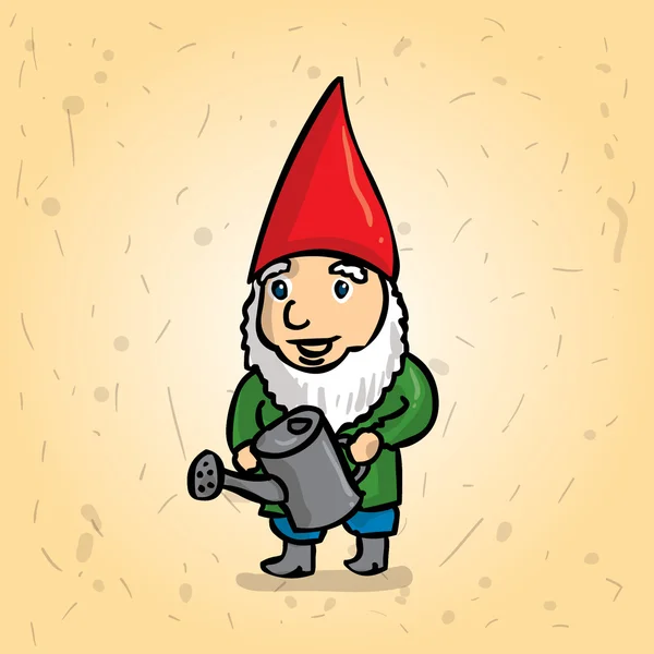 Gnome de jardim desenhado à mão com uma lata de rega. A regar o jardim. Desenhos animados ilustração vetorial . — Vetor de Stock