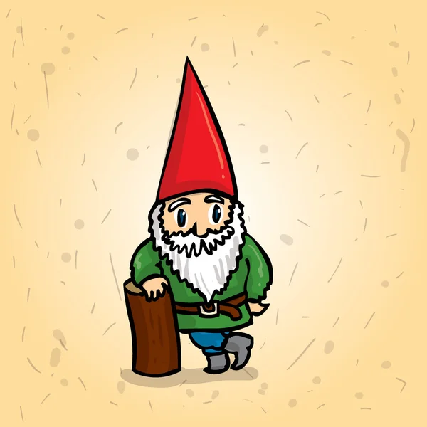 Hand getekend tuin gnome leunend op de bar van hout. Cartoon vectorillustratie. — Stockvector