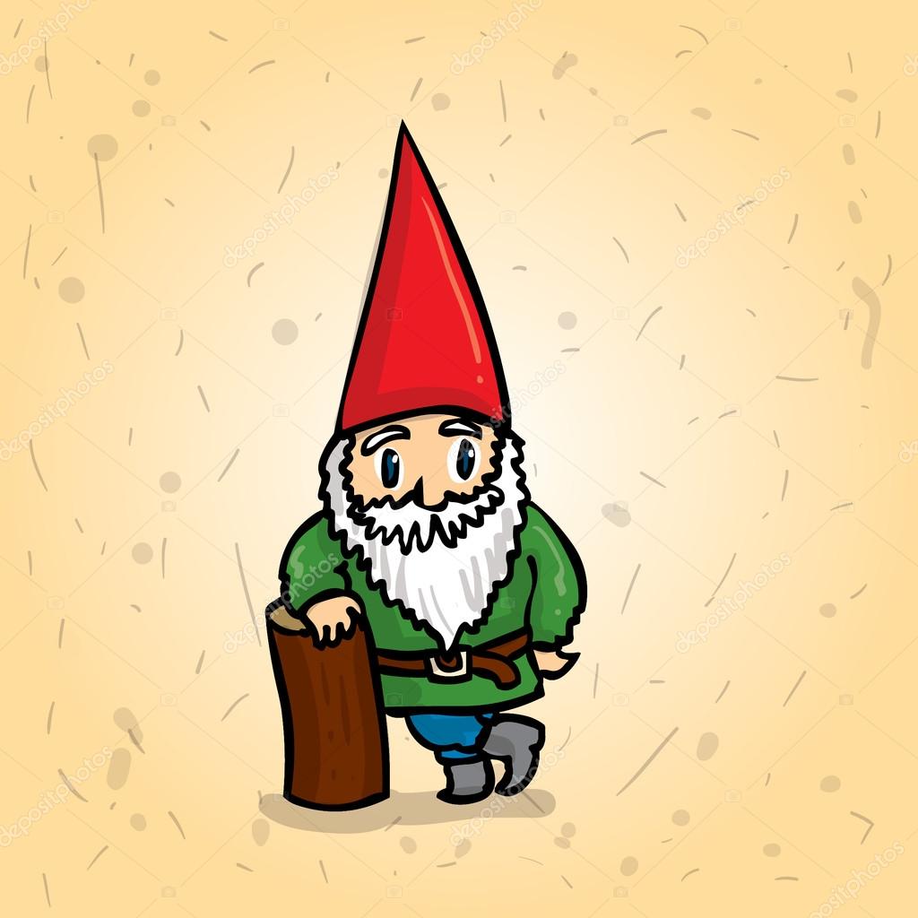 Hand drawn garden gnome leaning on the bar of wood. Cartoon vector ...