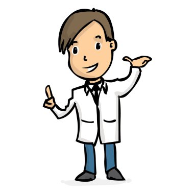 Neşeli erkek doktor el çekilmiş. renkli vektör çizim.