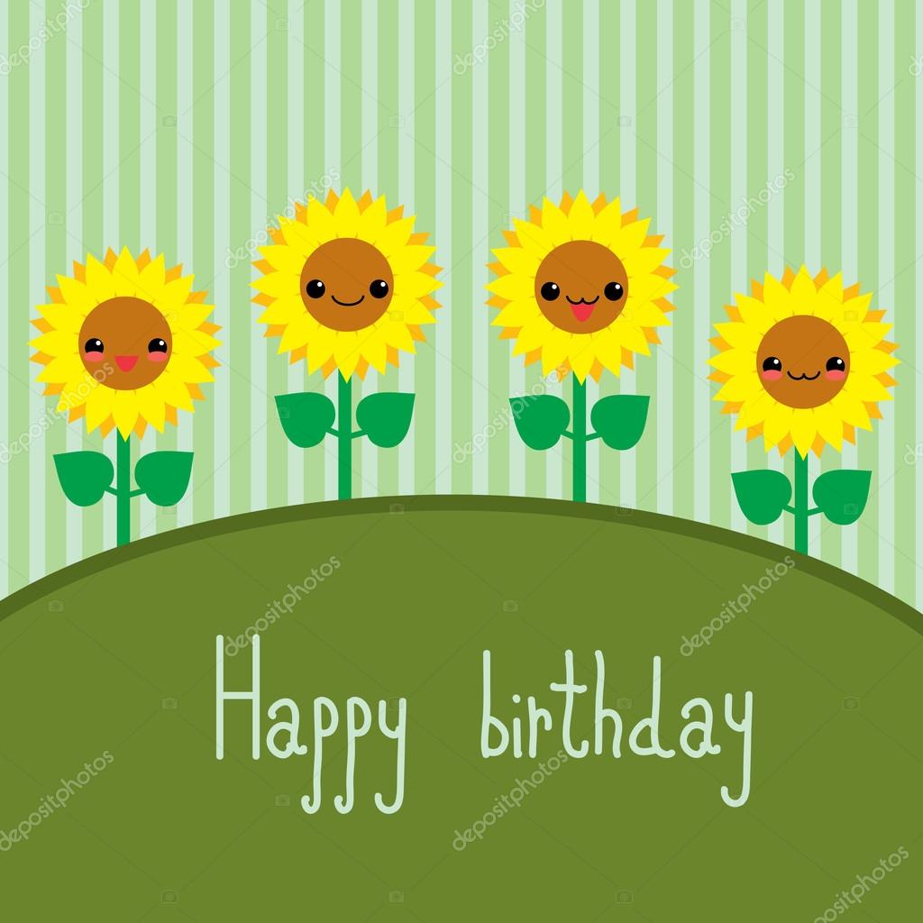 Cute greeting card with cartoon sunflowers. Kawaii japanese style