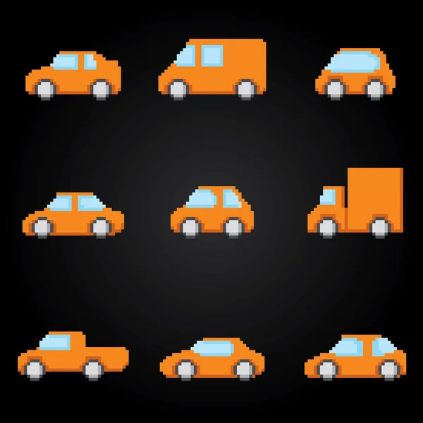 Pixel coches iconos conjunto. Estilo gráfico de computadora de la vieja escuela . — Vector de stock