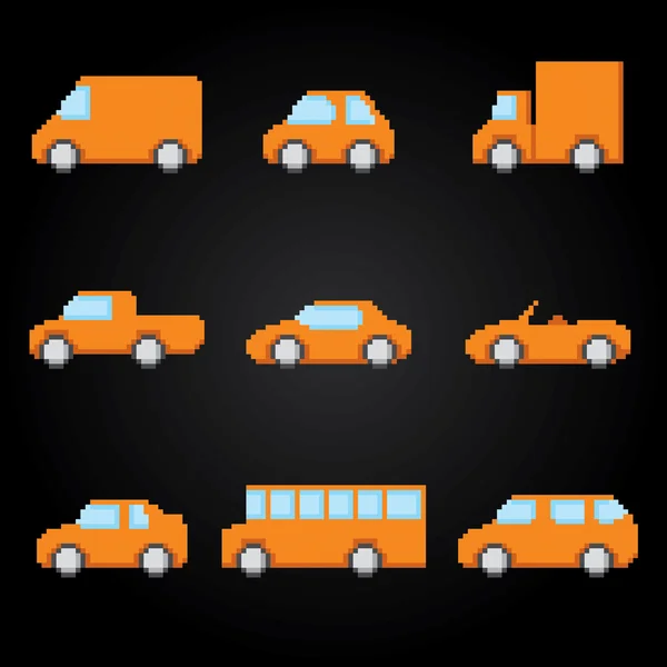 Pixel cars icons set. Old school computer graphic style. — Stock Vector