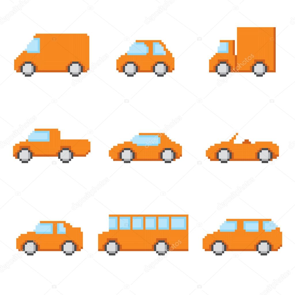 Pixel cars icons set. Old school computer graphic style.