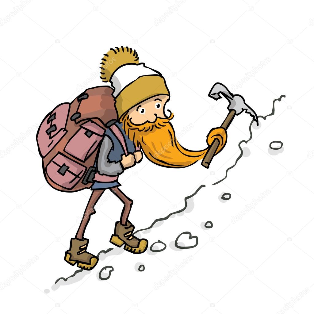 Climber with huge backpack climbing the mountain. Cartoon vector illustration.
