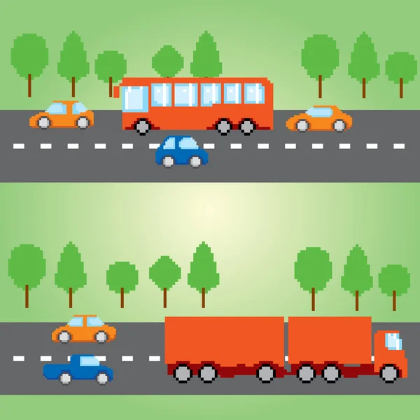 Pixel transportation infographic set. Old school computer graphic style. — Stock Vector