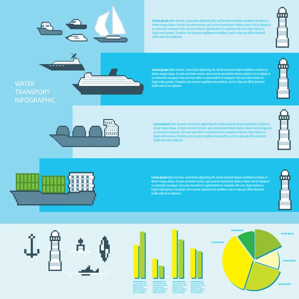Pixel Wassertransport Infografiken. Computergrafik der alten Schule. — Stockvektor