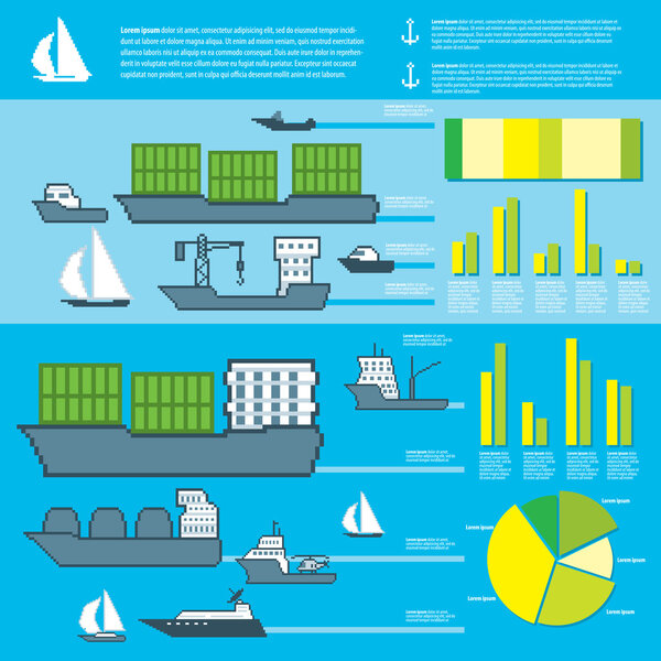 Pixel water transport infographics. Old school computer graphic style.