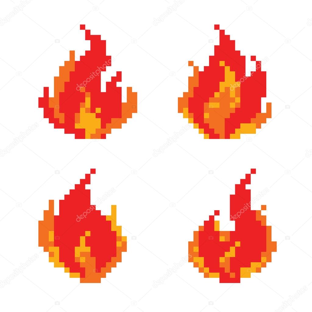 Fire flames pixel icons set. 