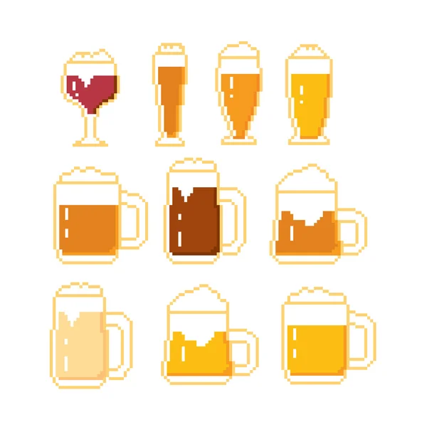 Set di icone della birra. Pixel art. Stile grafico del computer vecchia scuola . — Vettoriale Stock