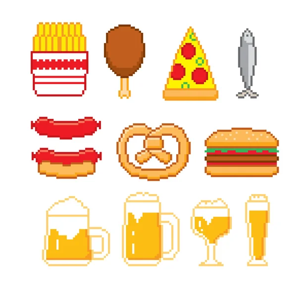 Bière et fast food icônes ensemble. Pixel art. Vieux style informatique graphique de l'école . — Image vectorielle