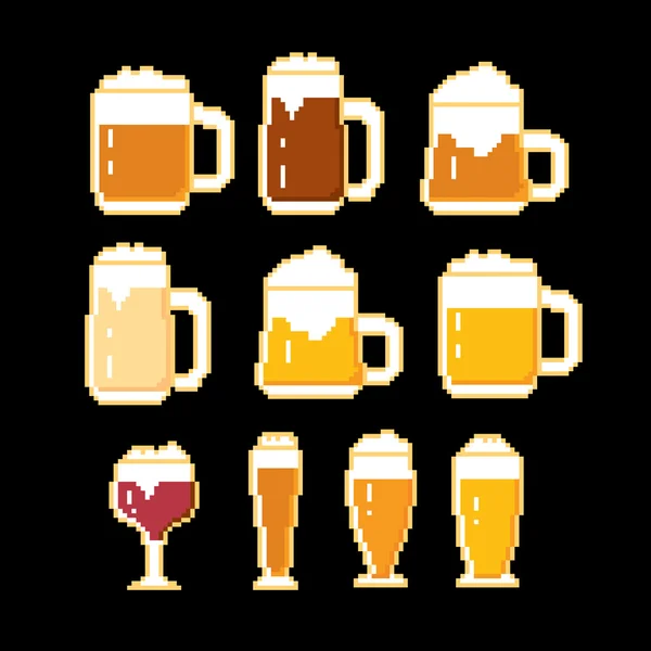 Beer icons set. Pixel art. Old school computer graphic style. — Stock Vector