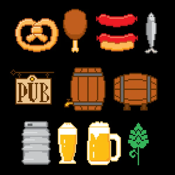 Set di icone per birra e fast food. Pixel art. Stile grafico del computer vecchia scuola . — Vettoriale Stock