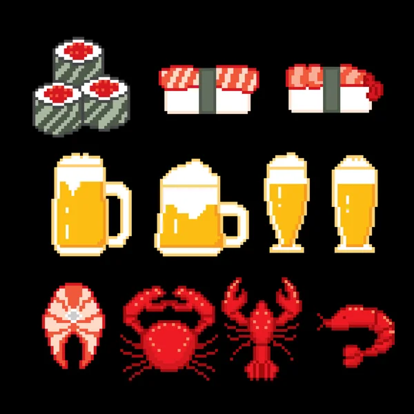 Conjunto de iconos de cerveza. Pixel art. Estilo gráfico de computadora de la vieja escuela . — Archivo Imágenes Vectoriales