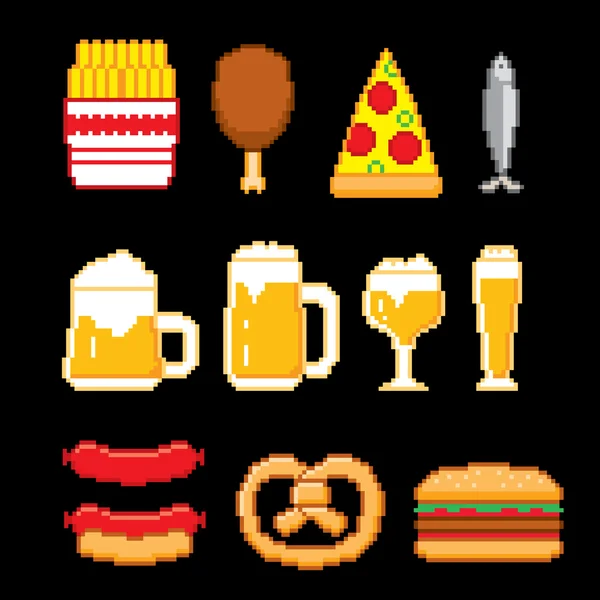 Cerveza y comida rápida iconos establecidos. Pixel art. Estilo gráfico de computadora de la vieja escuela . — Archivo Imágenes Vectoriales