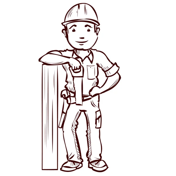 Un carpintero sonriente descansa a bordo. Dibujado a mano ilustración vector de dibujos animados . — Vector de stock