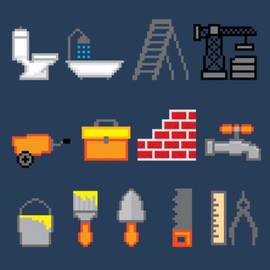 İnşaat Icons set. Piksel sanat. Eski okul bilgisayar grafik stili.
