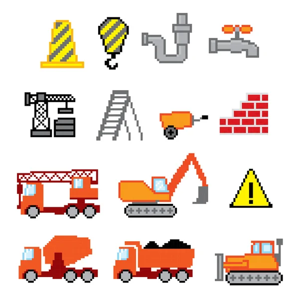 Construction  icons set. Pixel art. Old school computer graphic style. — Stock Vector