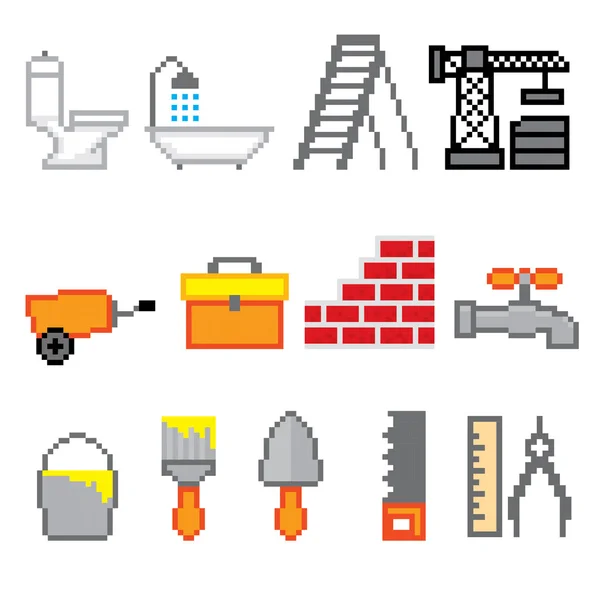 Icônes de construction réglées. Pixel art. Vieux style informatique graphique de l'école . — Image vectorielle