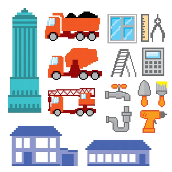 Conjunto de iconos de construcción. Pixel art. Estilo gráfico de computadora de la vieja escuela . — Archivo Imágenes Vectoriales