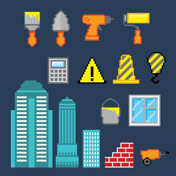 Set di icone di costruzione. Pixel art. Stile grafico del computer vecchia scuola . — Vettoriale Stock
