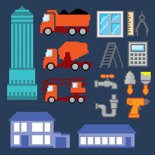 Conjunto de iconos de construcción. Pixel art. Estilo gráfico de computadora de la vieja escuela . — Archivo Imágenes Vectoriales