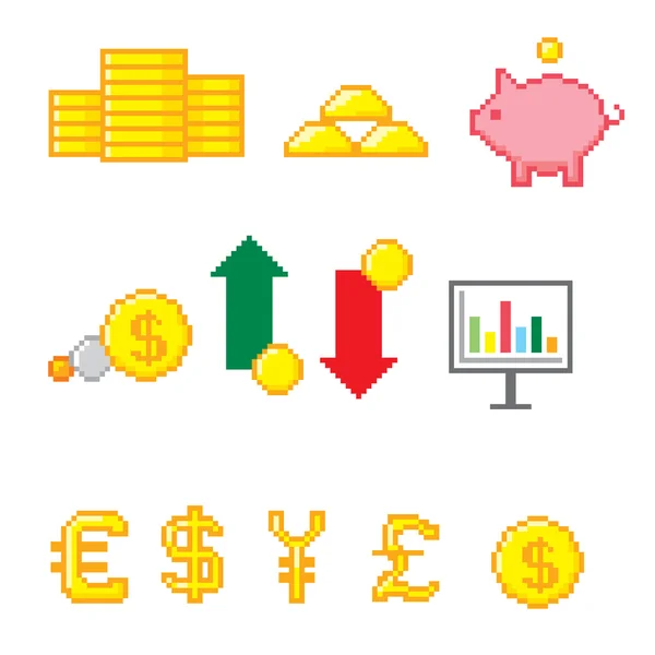 Conjunto de iconos de negocios y finanzas. Pixel art. Estilo gráfico de computadora de la vieja escuela . — Vector de stock