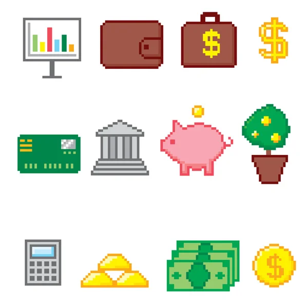 Conjunto de iconos de negocios y finanzas. Pixel art. Estilo gráfico de computadora de la vieja escuela . — Vector de stock