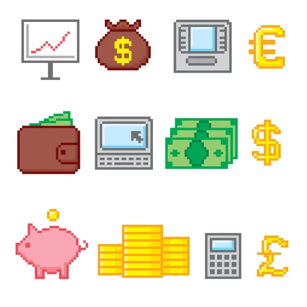 Conjunto de iconos de negocios y finanzas. Pixel art. Estilo gráfico de computadora de la vieja escuela . — Vector de stock